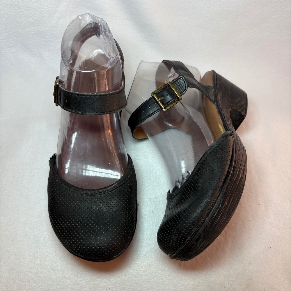 b.o.c. Born Concept Black Leather Perforated Mary Jane Clog Heels Buckle Strap